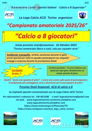 Campionato amatoriale 2025/26 di calcio a 8 in Torino con iscrizione gratuita.