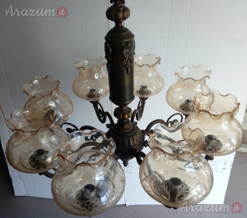 Lampadario in ottone e Vetro inciso 8 bracci