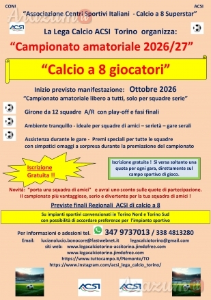 Campionato amatoriale di calcio a 8 da Ottobre 2026 in Torino con iscrizione gratuita.
