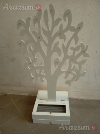 Espositore portagioie in legno bianco a forma di Albero con cassetti alla base